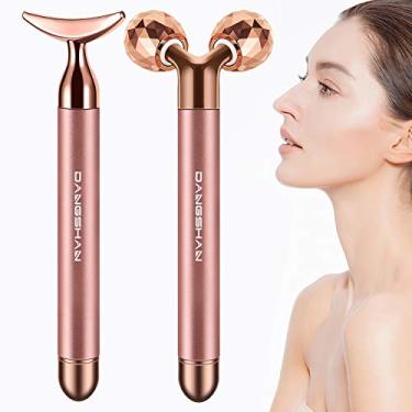 Imagem de Rolo massageador facial elétrico 2 em 1, rolo facial de ouro rosa 24 quilates, rolo 3D e exclusivo em forma de crescente, kit massageador facial de braço e nariz, ferramentas de cuidados com a pele