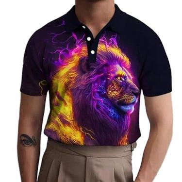 Imagem de Camisa polo masculina de manga curta com estampa de leão animal e design elegante de botão, Zphq65985, M