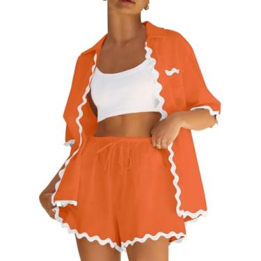 Imagem de ARTFREE Conjuntos de pijama feminino de 2 peças de manga curta com botões e shorts conjuntos de roupas de verão e praia, Laranja, P