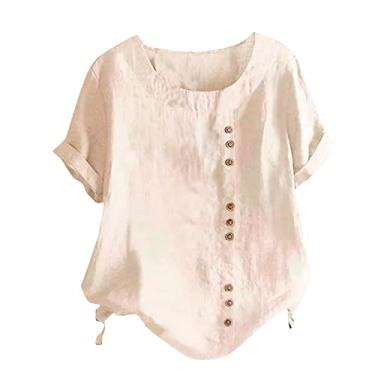 Imagem de Camiseta feminina de linho de cor sólida, gola redonda, manga curta, botões, caimento solto, roupas casuais de verão, Bege, GG