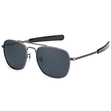 Imagem de IOHLNG Óculos de sol masculino aviador polarizados 55 mm Pilot Military Square Shades com hastes baioneta, Lente cinza com armação metálica, Medium