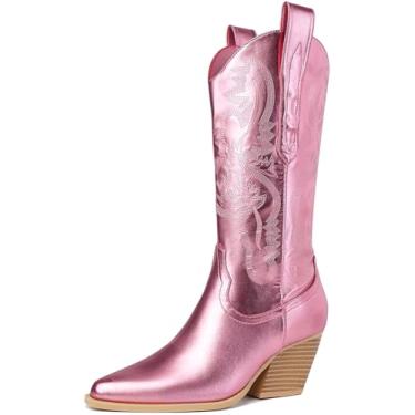 Imagem de Mostrin Botas femininas de vaqueira, bico fino, caubói, cano médio, salto grosso, bota ocidental, rosa, 7.5