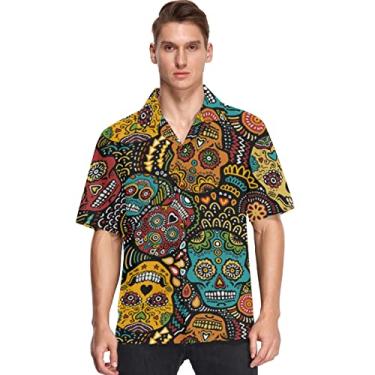 Imagem de visesunny Camisa masculina casual de botão manga curta havaiana grande caveira colorida Aloha, Multicolorido, XG