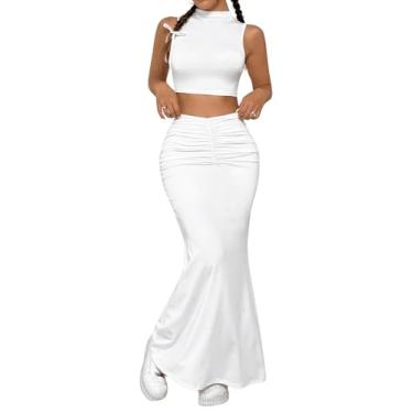 Imagem de MakeMeChic Conjunto feminino de 2 peças, blusa cropped de verão sem mangas e bainha rodada ao corpo, conjunto de saia maxi, Branco, X-Small