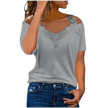 Imagem de Lainuyoah Camisetas femininas gola V com acabamento em renda e manga curta, estampa floral, casual, boêmio, verão, C - Cinza, M