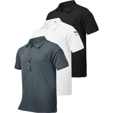 Imagem de ZITY Pacote com 3 camisetas polo táticas masculinas de golfe, manga curta, bolso esportivo, camisa polo casual de verão, Pacote com 3 - preto, branco, cinza, M