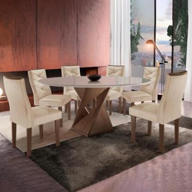 Imagem de Mesa Tampo Redondo Plus Vidro 120cmx120cm 6 Cadeiras Barcelona Chocolate/off White/suede Pena