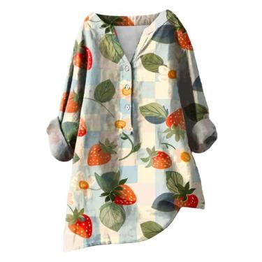 Imagem de Camiseta feminina de linho com estampa floral, manga comprida, gola V, botões, folgada, casual, para sair, rosa, 4G