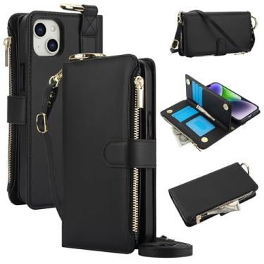 Imagem de Capa carteira para iPhone 12 mini [bloqueio RFID] [bolso com zíper] [porta-cartão] capa protetora flip de couro PU com corda transversal, pulso/anel, capa de telefone masculina e feminina (preto)