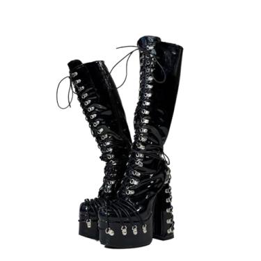 Imagem de Frankie Hsu Botas góticas sexy plataforma grossa salto alto com cadarço, preto envernizado prata multi fivela gótica, punk Y2K Hot Girl grande tamanho grande panturrilha larga sapatos longos para