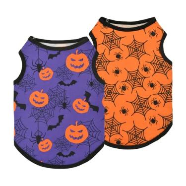 Imagem de LyssKMK Pacote com 2 roupas de Halloween para cães, camisetas sem mangas, coletes para cães de Halloween, regatas com rede de aranha, estampa de morcego de abóbora, fantasia de Dia das Bruxas para