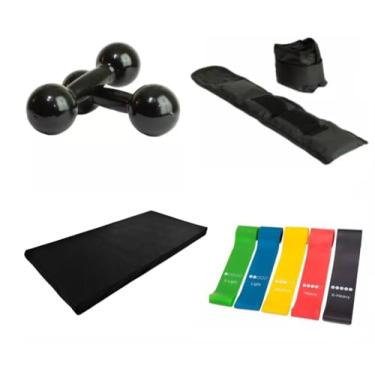 Imagem de Par de Halteres de 1 Kg Preto + Par Caneleira 01 Kg + Colchonete 90 x 40 x 3 + Kit 5 Elásticos