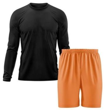 Imagem de Kit Calção Short Futebol Basquete Laranja + Manga Longa Masculina Segunda Pele Dry-Masculino