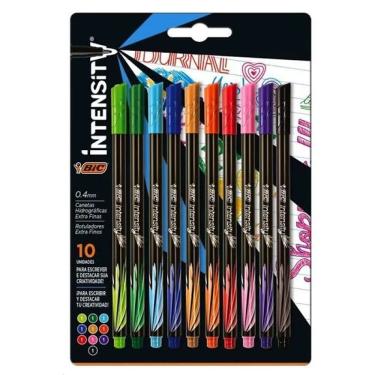 Imagem de Jogo Caneta BIC Intensity Ponta EXTRA Fina 0,4MM C/ 10 Cores Tinta Colorida Exterior Preto