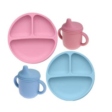 Imagem de Kit Prato + Copo Silicone Baby com 3 Divisória Alimentação divertida -