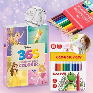Imagem de Livro para Colorir 365 Desenhos Princesas Disney Kit com Lápis de Cor 