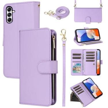 Imagem de Furill Capa carteira para Samsung Galaxy A14/M14 5G com alça de pulso alça de ombro transversal bolsa flip de couro com zíper 11+ compartimentos para cartão protetor capa de celular A 14 4G 14 A 14 M