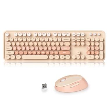 Imagem de Ussixchare Teclado e mouse marrom sem fio, lindo combo de teclado e mouse, teclado de máquina de escrever de tamanho completo com teclado numérico, teclado colorido para PC, laptop