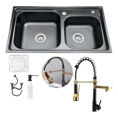 Imagem de Kit Cuba Pia Cozinha Gourmet Dupla E Torneira 2 Saídas