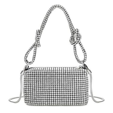 Imagem de Bolsa feminina com strass, alça de nó, bolsa de mão para noite, bolsa de diamante com alça removível para festa de casamento, Prata