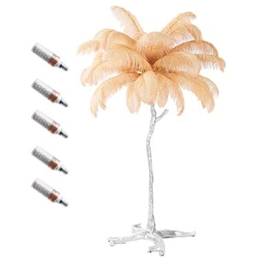 Imagem de Luminária de pé de luxo com pena de avestruz natural com 3 lâmpadas de LED E14 de temperatura de cor, poste dourado e luz de base para decoração