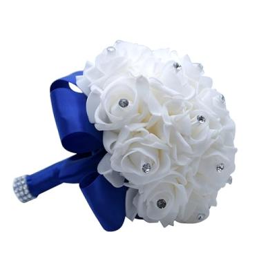 Imagem de CUIWEI Buquês de casamento para noiva, dama de honra, buquê de rosas para casamento, buquê de rosas de seda, diamante de cristal, buquê de flores artificiais para festas de casamento, igrejas (azul)