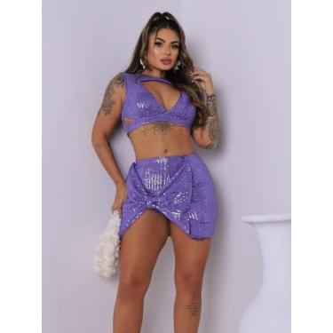 Imagem de Conjunto Minissaia Detalhe Em Laço E Top Em Paetê - luh may, Lilás, P