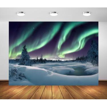Imagem de BELECO Tecido de 2,4 x 1,8 m, aurora boreal, verde ártico, aurora boreal, neve, inverno, floresta de pinheiros, paisagem da Noruega, céu noturno, decoração de festa de inverno, decoração de estúdio