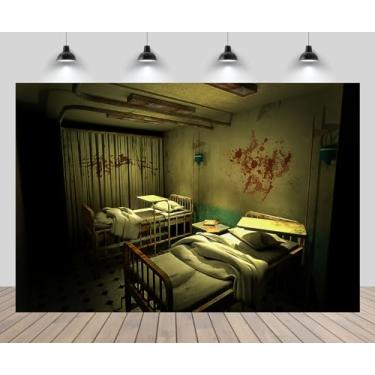 Imagem de CHNYWORK 2,1 m x 1,5 m Bloody Hospital Halloween pano de fundo assustador hospital doente respingos de sangue quarto assassinato crime Halloween festival zumbi decoração de festa de fotos adereços