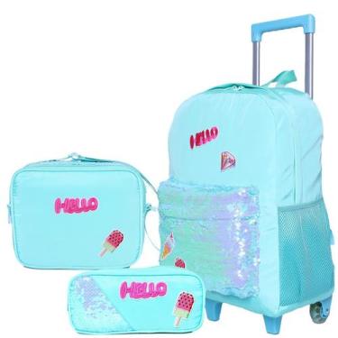 Imagem de Kit Mochila de Rodinha Menina Estojo Lancheira Paetês Brilho Impermeáv