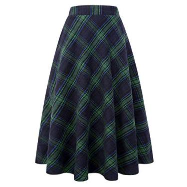 Imagem de Saia midi plissada de lã xadrez com cintura elástica e saia midi plissada IDEALSANXUN, Green 92026, Small