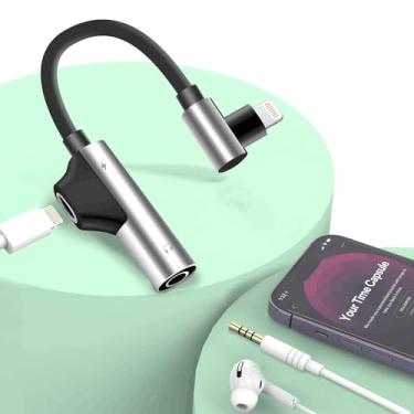Imagem de Adaptador de cabo de carregamento de fone de ouvido Lightning 2 em 1 para 3,5 mm 90 graus com conector auxiliar de áudio, 【certificado Apple MFi】 Divisor conversor de fone de ouvido para música +