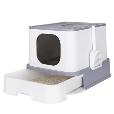 Imagem de RIZZARI Caixa de areia fechada para gatos: vaso sanitário antiaderente de plástico cinza claro para gatos - Panela de areia fácil de limpar 53 x 42 x 38 cm para gatos com menos de 9 kg - Casas com
