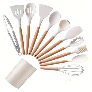 Imagem de HJZSZX Conjunto de utensílios de cozinha de silicone, balde redondo, 12 peças, espátula antiaderente, colher, utensílios de cozinha, branco, mais de cinco peças, conjunto