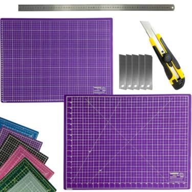 Imagem de Base Placa de Corte Dupla Face Regenerativa Multiuso Artesanato Patchwork Scrapbook Régua Inox 60 Estilete Profissional (Roxa)