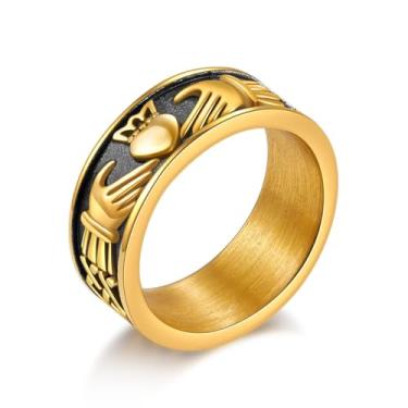 Imagem de Anéis Claddagh para o amor, aço inoxidável/banhado a ouro 18K feminino masculino aliança de casamento joias, Metal, Sem pedra preciosa