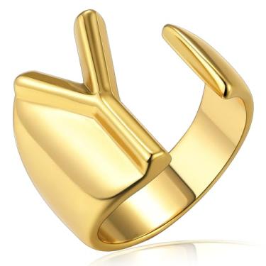 Imagem de Anéis de declaração femininos ajustáveis dourados com inicial dourada dourada dourada em prata personalizada em negrito | Anéis de alfabeto aberto banhados a ouro 18K | Letra A a Z