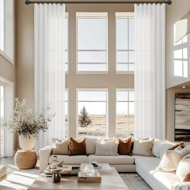 Imagem de Cortinas de linho branco plissadas extralongas de 450 cm de comprimento para sala de estar, teto alto, filtro de luz, semitransparente, plissado, com ganchos, argolas, abas traseiras, cortinas de