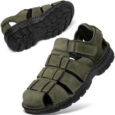 Imagem de KOIMED Sandálias masculinas de couro para caminhada, bico fechado, sapatos aquáticos para o verão, atlético, caminhada, esportes, trilha, pesca, rio, pesca, largo, ajustável, à prova d'água, suporte