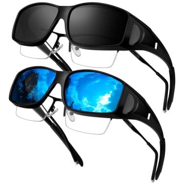 Imagem de KANASTAL Óculos de Sol Polarizado Masculino Feminino Sobrepor Azul Espelhado Escuro sobre Oculos UV400 Proteção Lateral Retangular Envolventes Sunglasses over Glasses Pacote 2 -Espelhado Azul + Preto