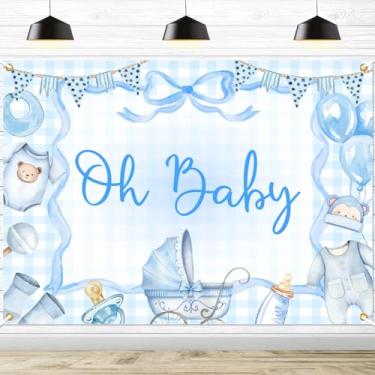 Imagem de Pano de fundo Oh Baby Boy Baby Shower - Laço azul com faixa de chá de bebê guingão, carrinho de bebê azul guingão menino decoração de festa de chá de bebê adereços de cabine de fotos (2,1 x 1,5 m)