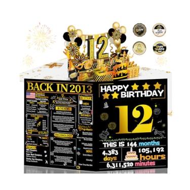 Imagem de Joycard Cartão de aniversário de 12 anos para menino, presente de feliz aniversário pop-up 3D para filha filho, decorações engraçadas de aniversário de 12 anos para neto, neta, tema retrô dourado a