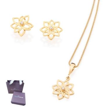 Imagem de Rommanel Presente Feminino Kit Colar + Brincos + Pingente Flor Banhado
