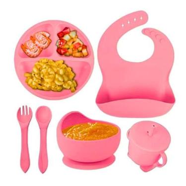 Imagem de Kit 6 Louças Refeição Bebê Silicone Colher Pratinho Babador Infantil V