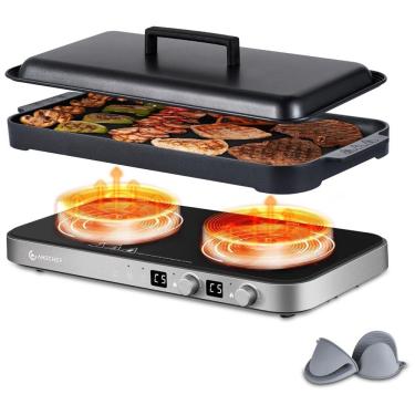 Imagem de Cooktop Elétrico de Indução Portátil com Queimador Duplo, Frigideira de Ferro Fundido Removível Antiaderente, Sensor de Toque, 9 Níveis de