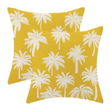 Imagem de Capas de almofada de palmeira 45,7 x 45,7 cm, conjunto de 2 capas de almofada tropicais vintage tropicais de verão, capa de almofada decorativa para uso ao ar livre e amarela para sofá, sofá,