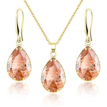 Imagem de Jertom Conjunto de joias de cristal austríaco banhado a ouro 14 k com pingente de gota e brincos em forma de pera para mulheres e meninas, citrine set gold, Latão Cobre Pedra preciosa, Citrino criado Zircônia cúbica Diamante criado