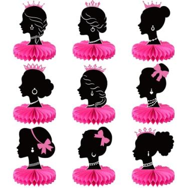 Imagem de Faccito 9 peças decorações de festa de aniversário de princesa rosa 3D preto rosa princesa favo de mel centros de mesa decoração para tema de boneca aniversário noiva despedida de solteira suprimentos