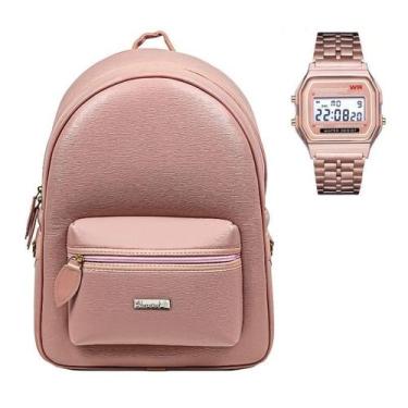 Imagem de Bolsa Mochila Feminina Reforçada Escolar Rosa + Relógio Digital Led de