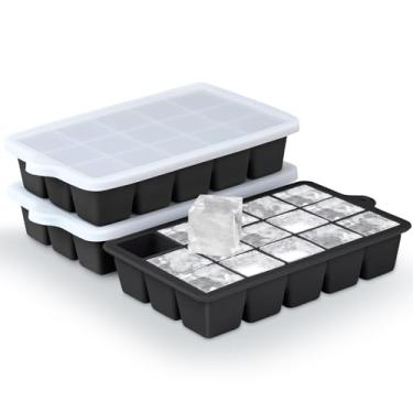 Imagem de Bandejas de silicone para cubos de gelo, 3 unidades, formas de cubos de gelo de fácil liberação com tampa, máquina de gelo empilhável para freezer para uísque, comida de bebê, sem BPA (preto)